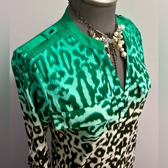 Calvin Klein Teal & Black Leopard Ombré Blouse buttoned Sleeve - Picture 2 of 9